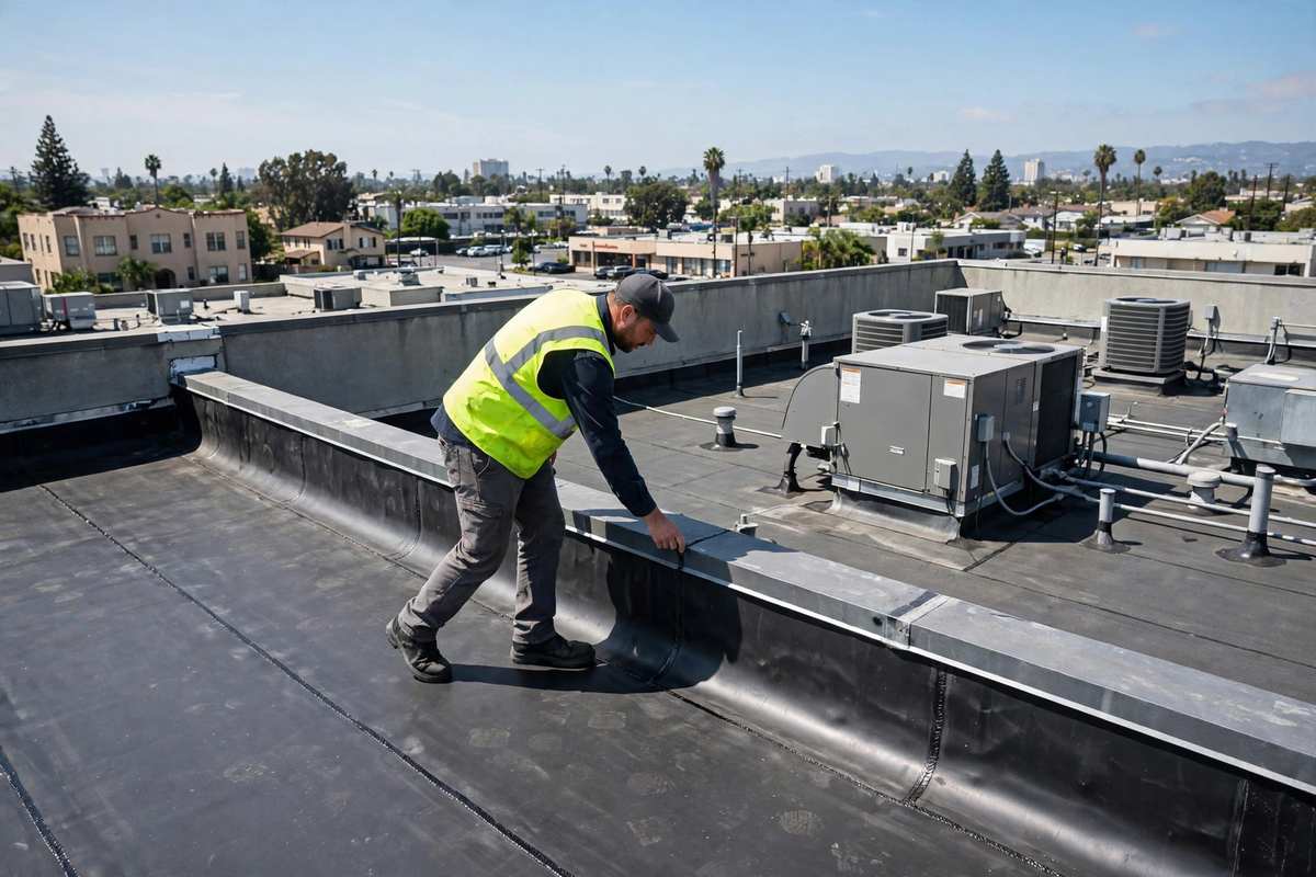 Flat Roof Repair in Westchester, CA — Flat Roofing crew at work on a coastal California roof